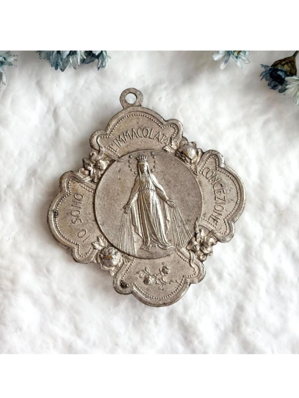Italian Immaculate Conception Silver T St. Antonio Mother Mary Vintage Pendant
